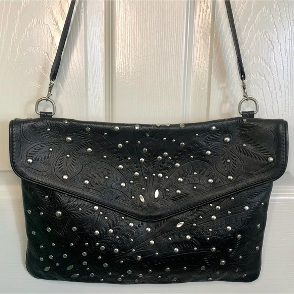 JL Saldivar Handbags - JL Saldivar Black Leather Hand Tooled Studded Large Shoulder Envelope Purse